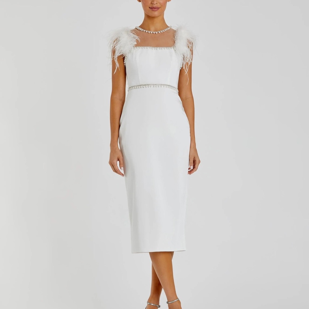 White Feather Cap Sleeve Pearl Embellished Tea-length Fit Dress